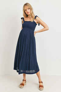 Navy Smocked Tie Shoulder Midi Dress