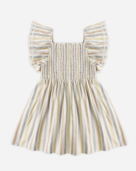 Striped dress with ruffled sleeves on a white background