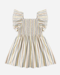 Striped dress with ruffled sleeves on a white background