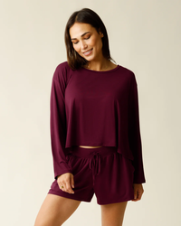 Burgundy Aria Bamboo Cropped Long Sleeve Top