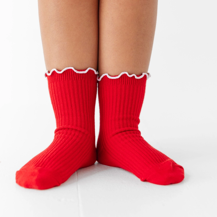 Red Ribbed Lettuce Trim Midi Socks