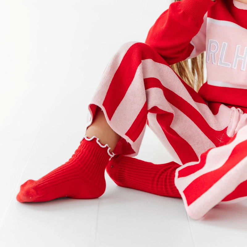 Red Ribbed Lettuce Trim Midi Socks