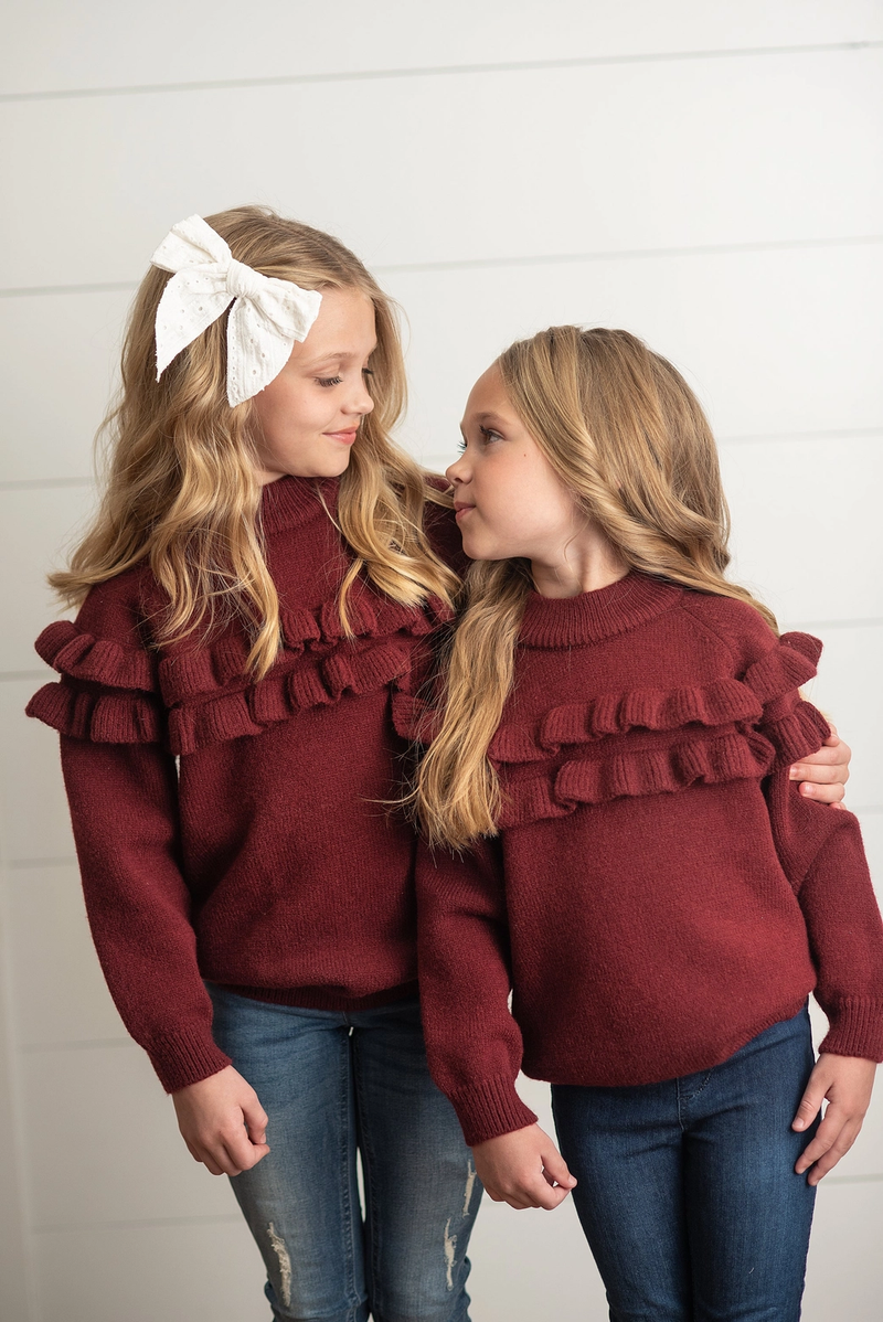 Burgundy Double Ruffle Knit Sweater