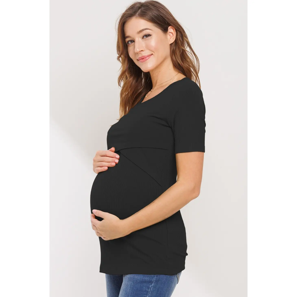 Black Ribbed Wrap Front Maternity/Nursing Top