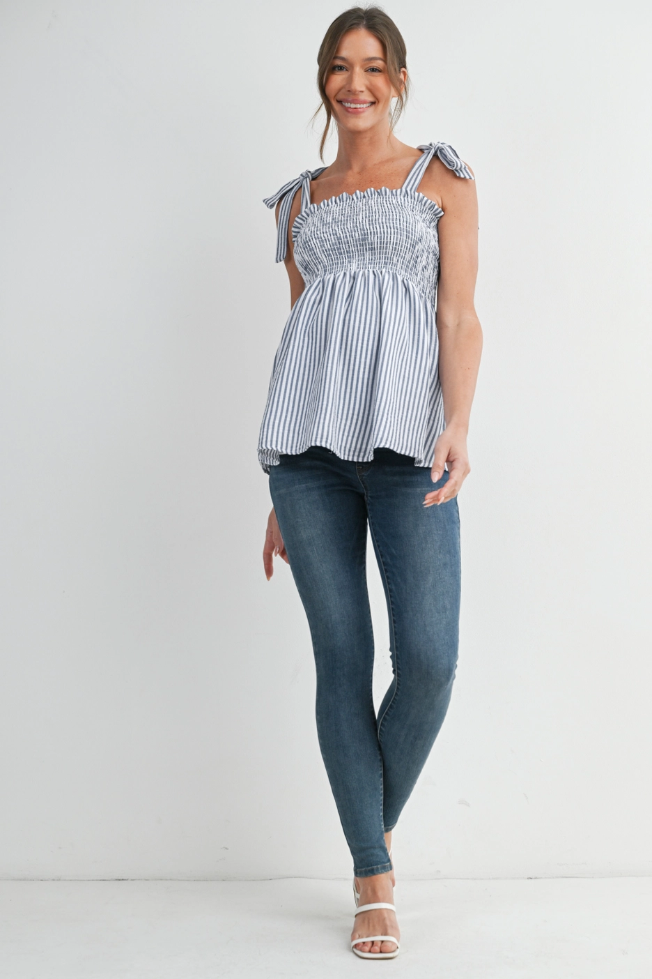 Denim Stripe Smocked Maternity Top