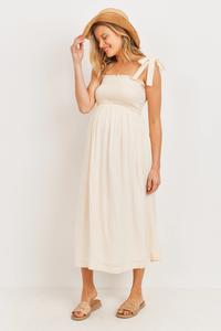 Oatmeal Smocked Tie Shoulder Midi Dress