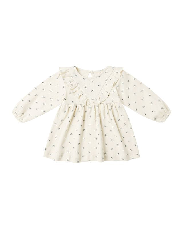 Blue Ditsy Long Sleeve Ruffle Dress
