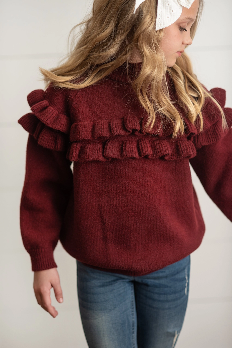 Burgundy Double Ruffle Knit Sweater