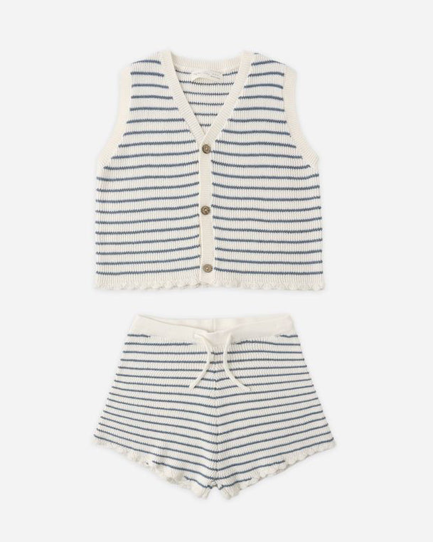 Striped children's vest and shorts set on a white background