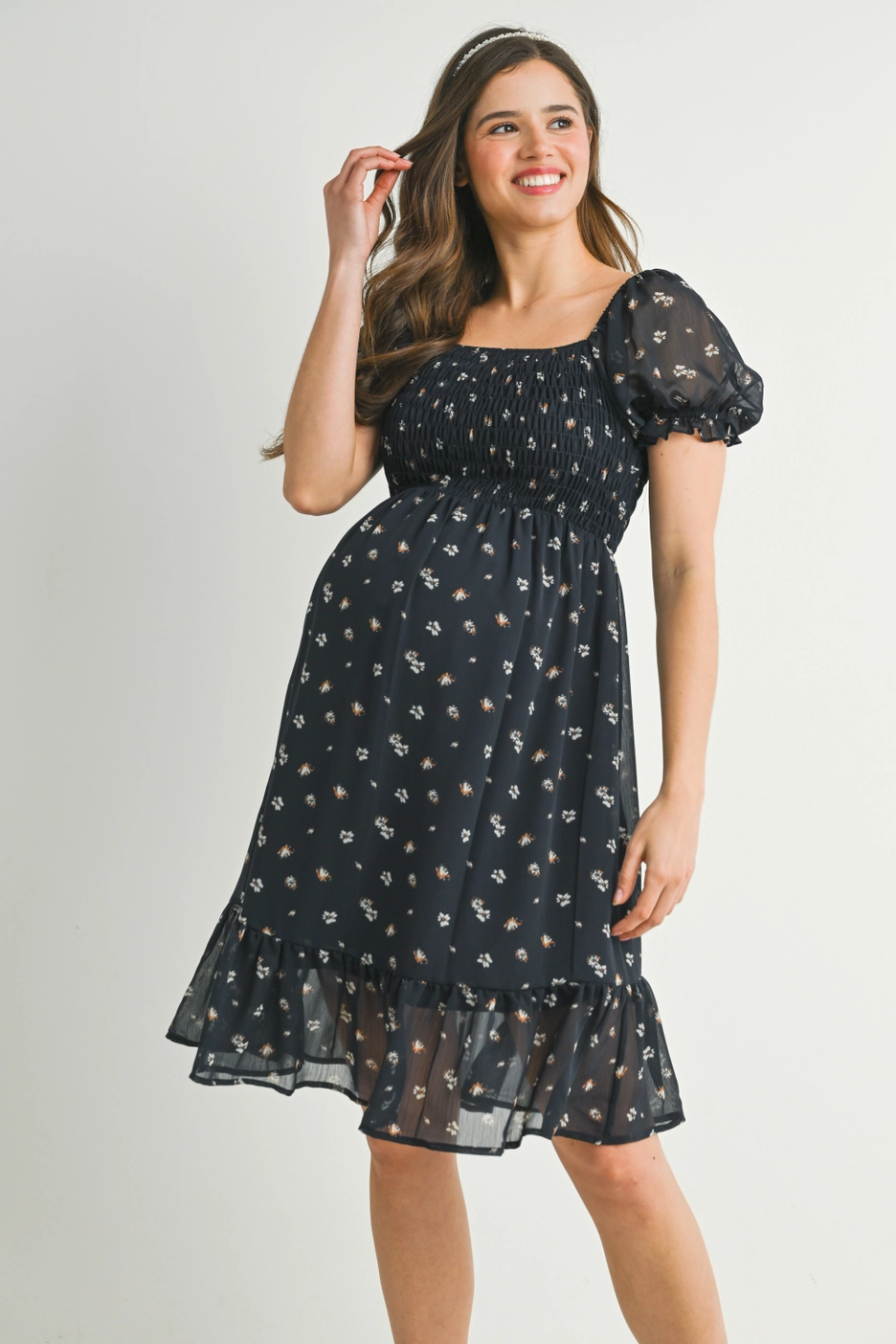 Navy Floral Smocked Maternity Ruffle Dress