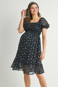 Navy Floral Smocked Maternity Ruffle Dress