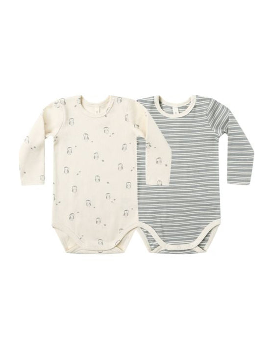 Steel Blue + Owls Ribbed Bodysuits 2pk