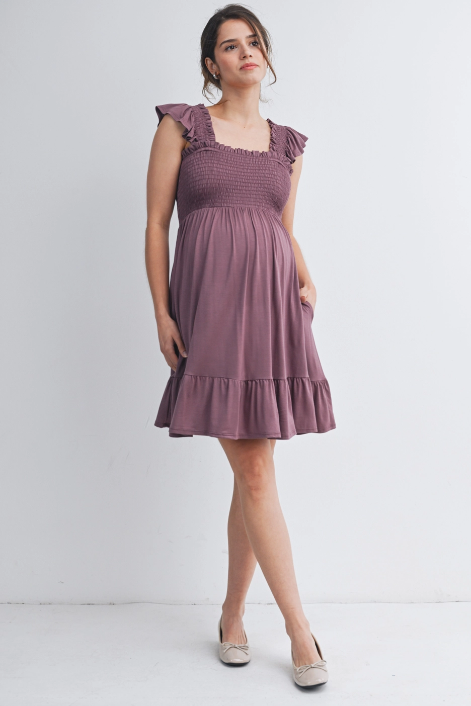 Plum Flutter Sleeves Maternity Dress