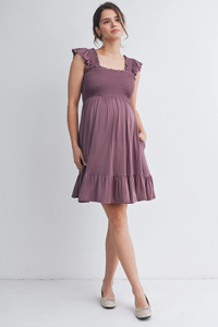 Plum Flutter Sleeves Maternity Dress