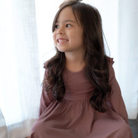 Plum Small Ribbed Ruffle Long Sleeve Dress
