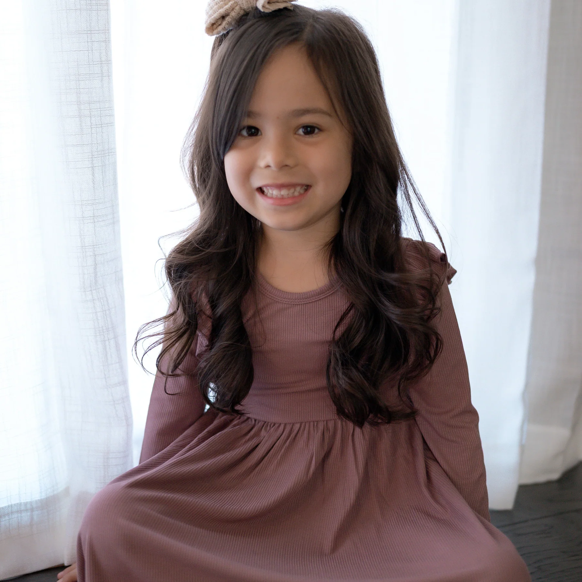 Plum Small Ribbed Ruffle Long Sleeve Dress