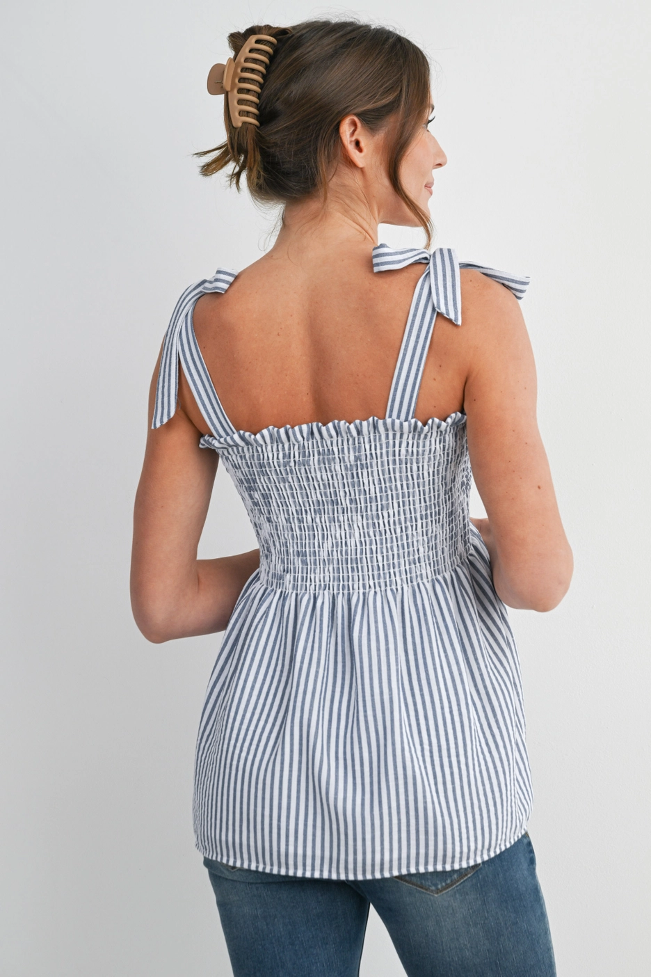Denim Stripe Smocked Maternity Top