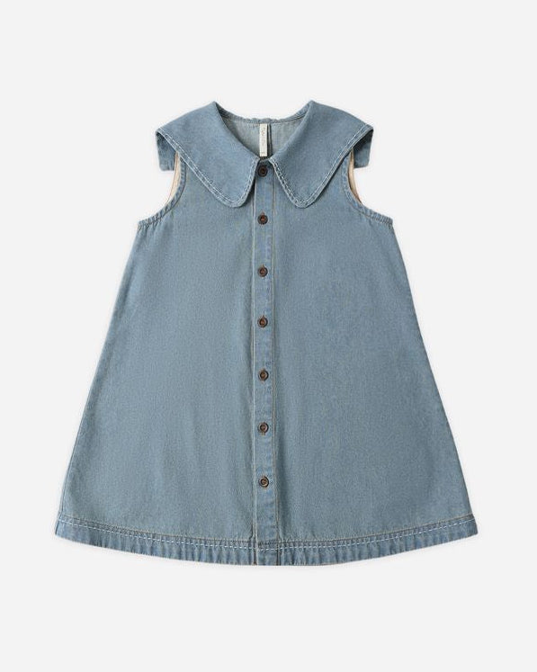 Blue denim dress with a collar on a white background