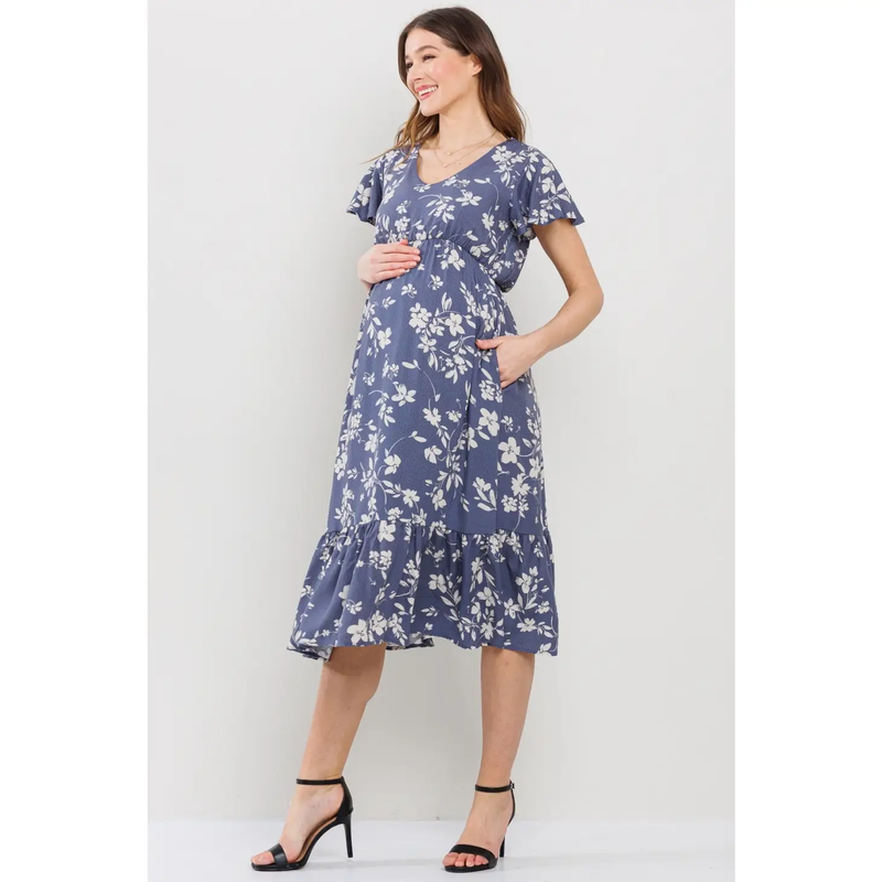 Blue Floral Flutter Sleeve Maternity Midi Dress