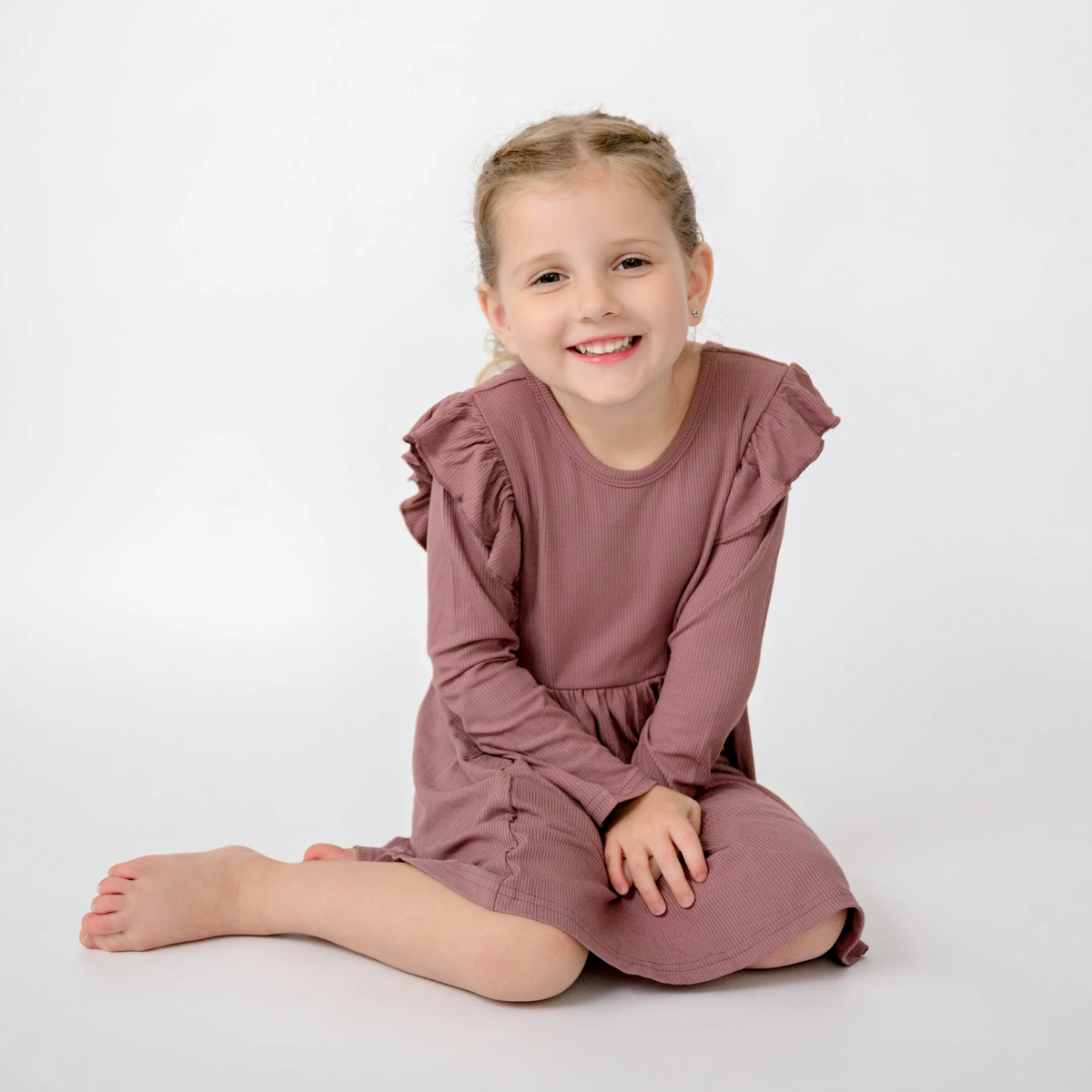 Plum Small Ribbed Ruffle Long Sleeve Dress