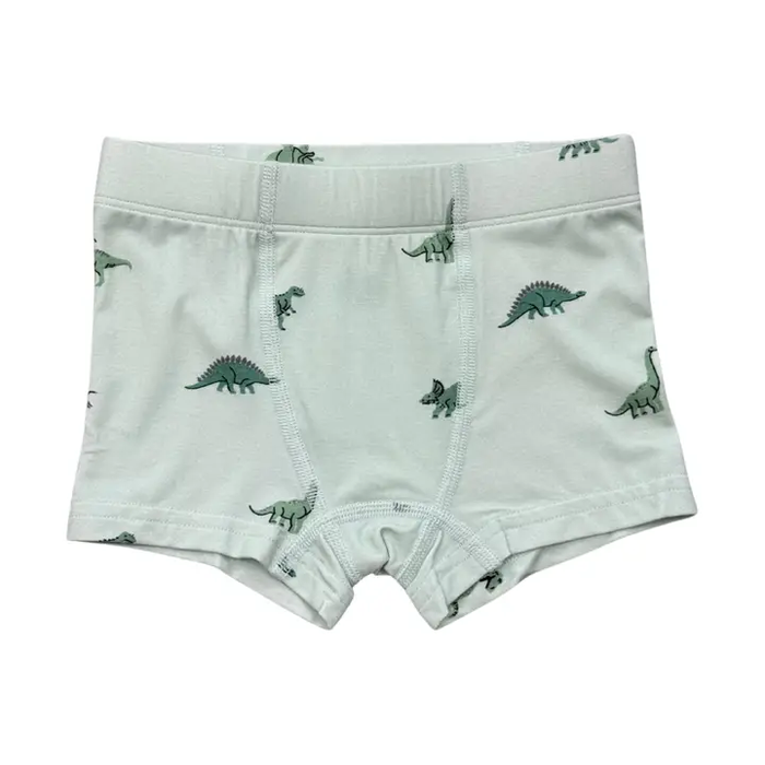 White boxer briefs with green dinosaur prints on a white background