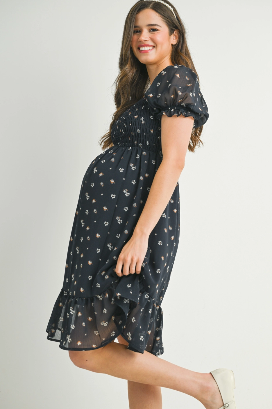 Navy Floral Smocked Maternity Ruffle Dress