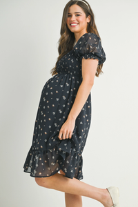 Navy Floral Smocked Maternity Ruffle Dress
