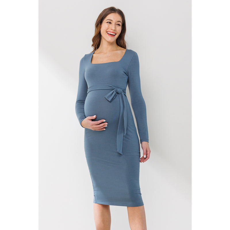 Blue Square Neck Maternity Dress