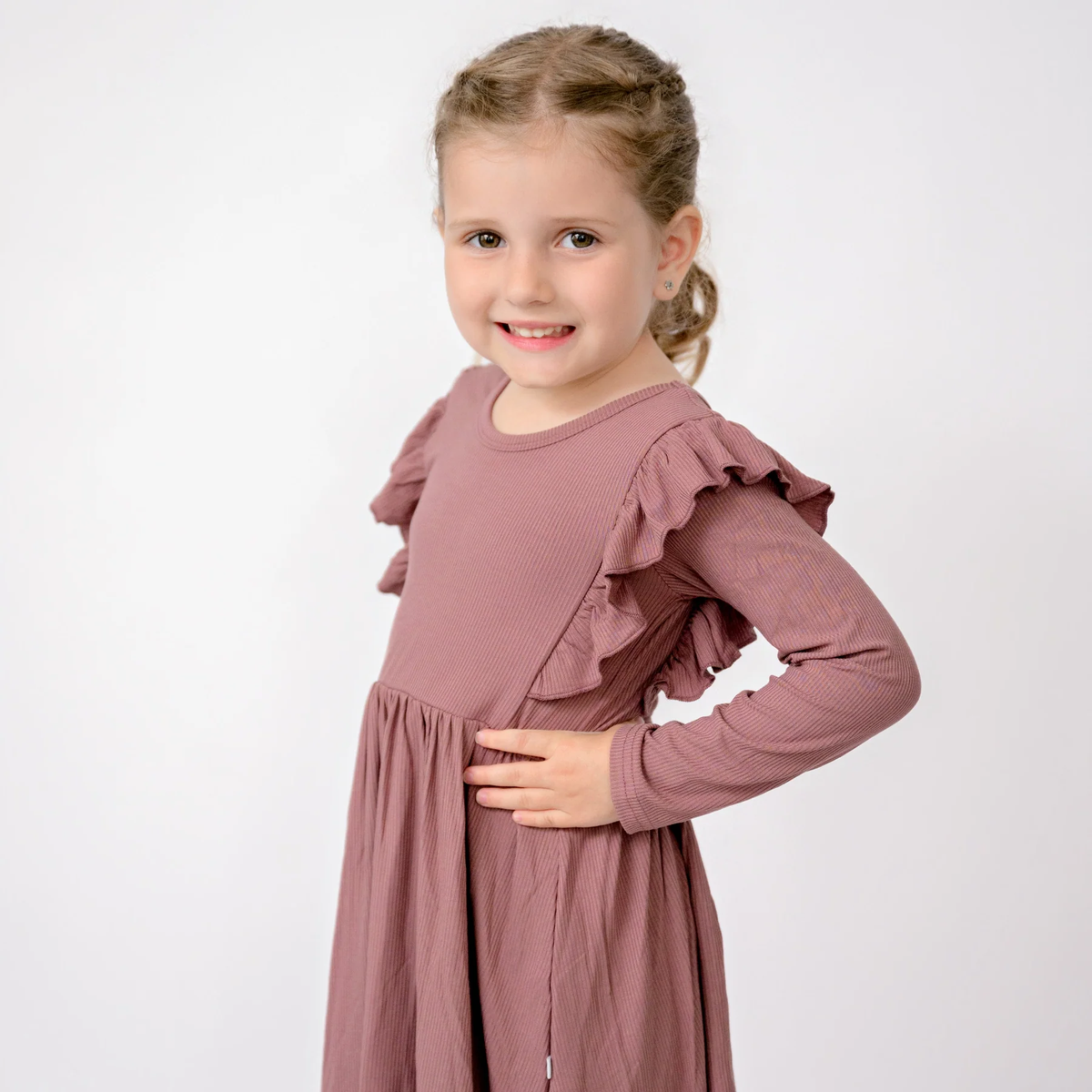 Plum Small Ribbed Ruffle Long Sleeve Dress