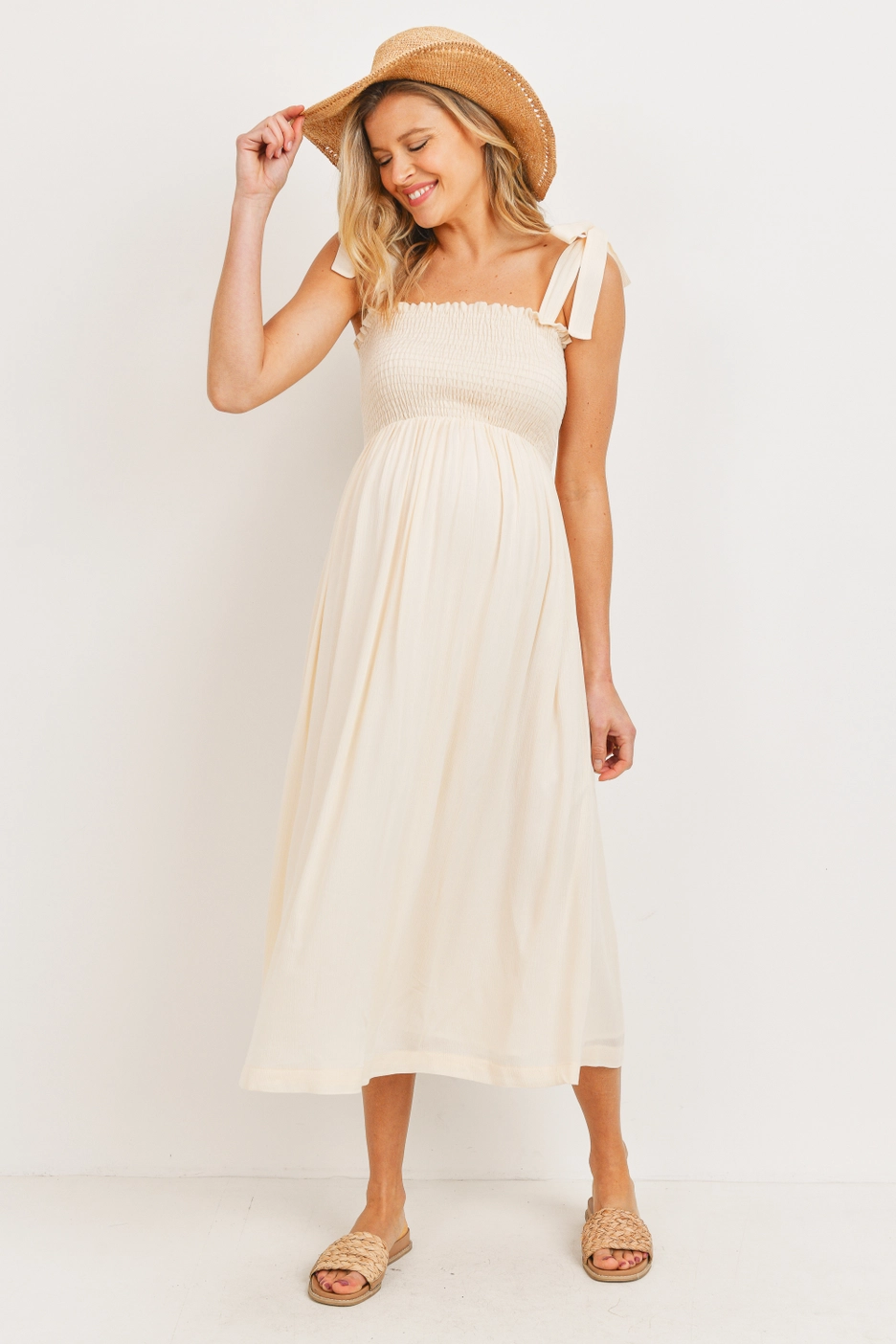 Oatmeal Smocked Tie Shoulder Midi Dress