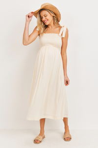 Oatmeal Smocked Tie Shoulder Midi Dress
