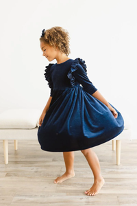 Navy Velvet Ruffle Twirl Dress