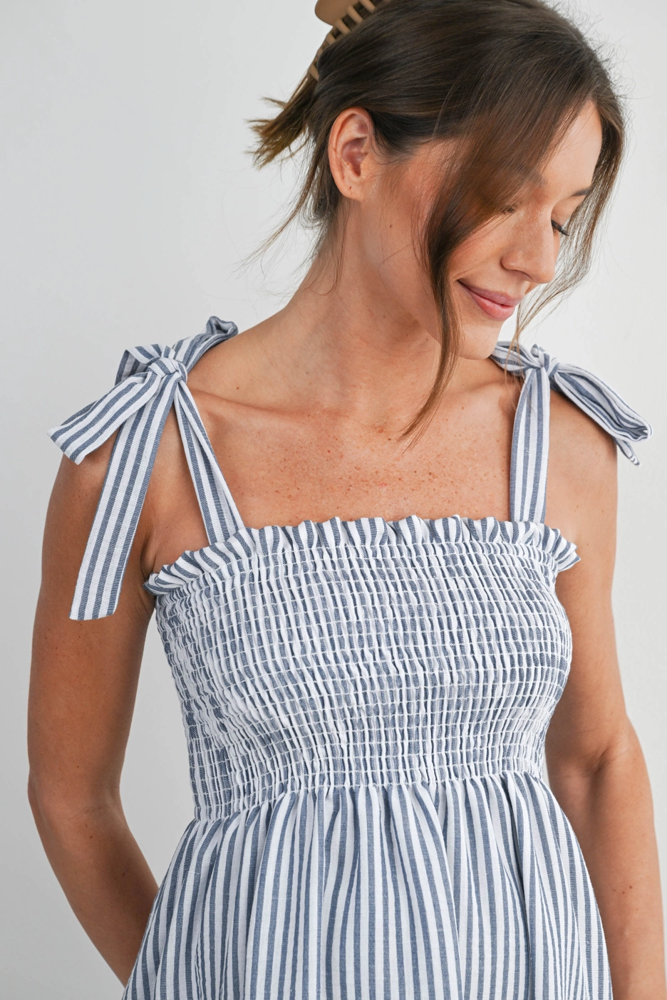 Denim Stripe Smocked Maternity Top