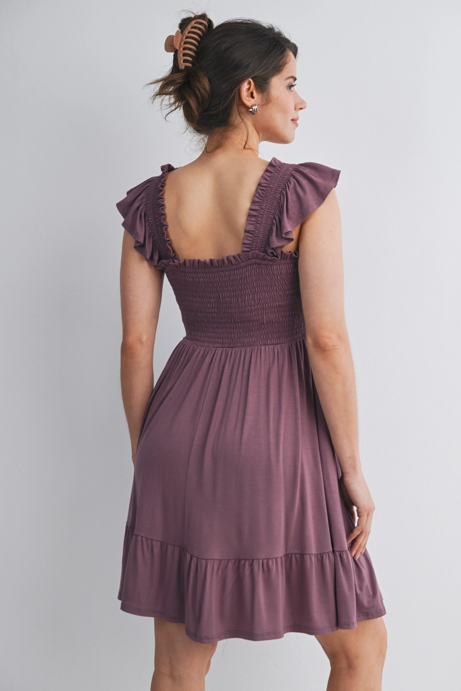 Plum Flutter Sleeves Maternity Dress