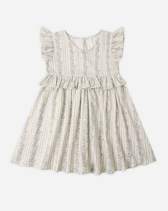 Striped dress with ruffled sleeves on a white background