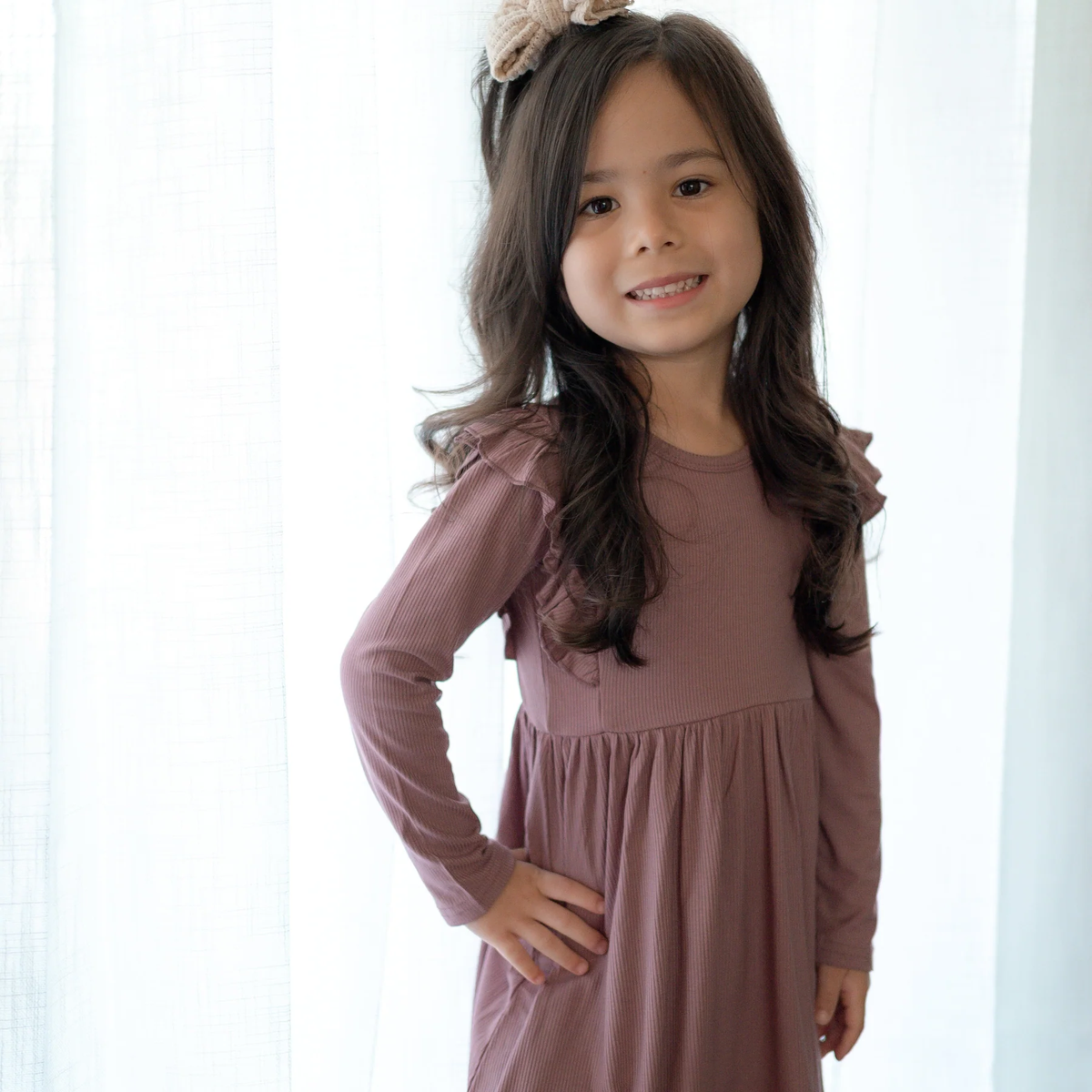 Plum Small Ribbed Ruffle Long Sleeve Dress