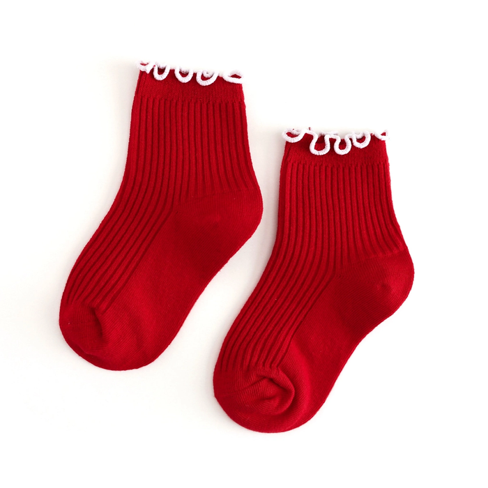 Red Ribbed Lettuce Trim Midi Socks