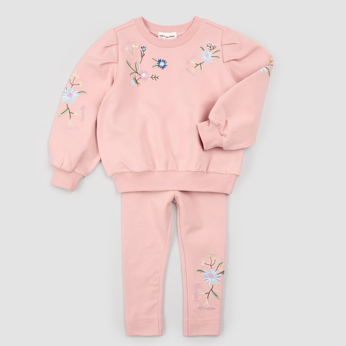 Pink Floral Embroidered Pullover + Legging Set