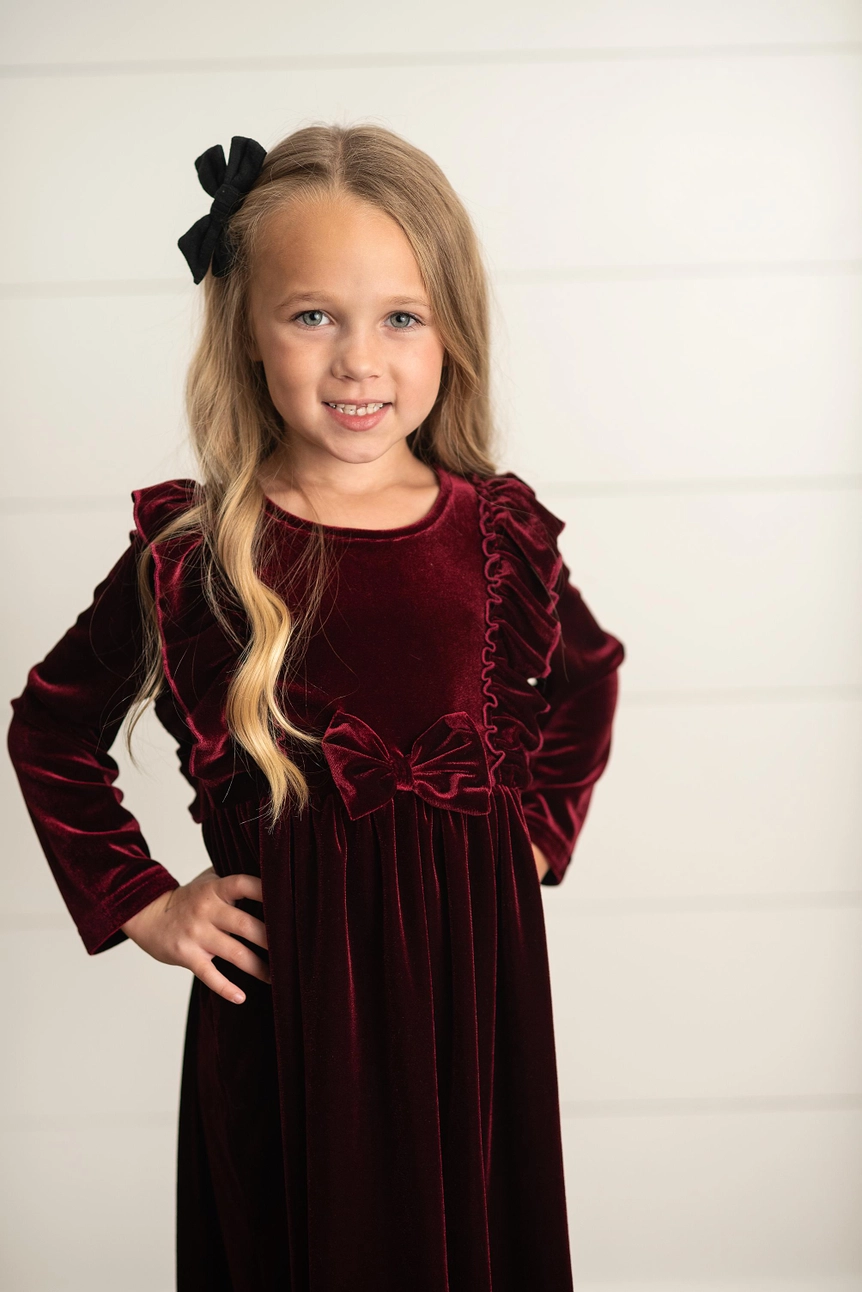 Wine Velvet Ruffle Dress