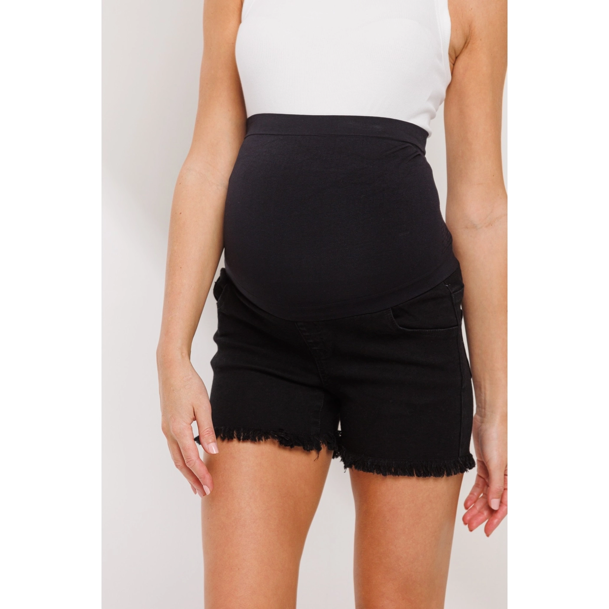 Black Frayed Maternity Denim Shorts