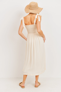 Oatmeal Smocked Tie Shoulder Midi Dress