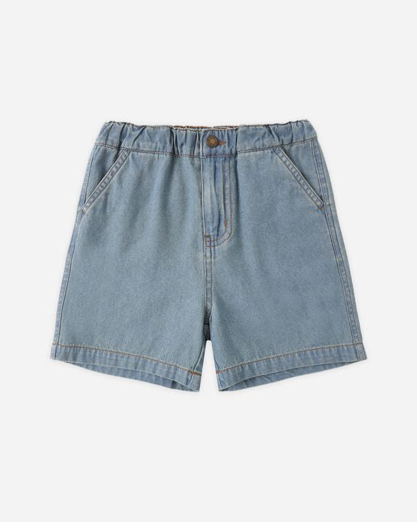 Light blue denim shorts on a white background