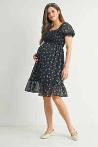 Navy Floral Smocked Maternity Ruffle Dress