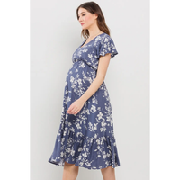 Blue Floral Flutter Sleeve Maternity Midi Dress