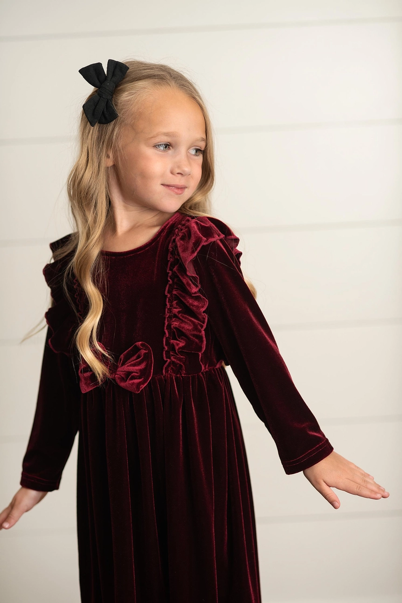 Wine Velvet Ruffle Dress