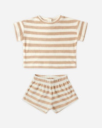 Striped children's outfit with t-shirt and shorts on a white background