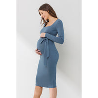 Blue Square Neck Maternity Dress