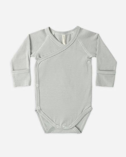 Gray striped baby bodysuit on a white background