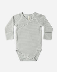 Gray striped baby bodysuit on a white background