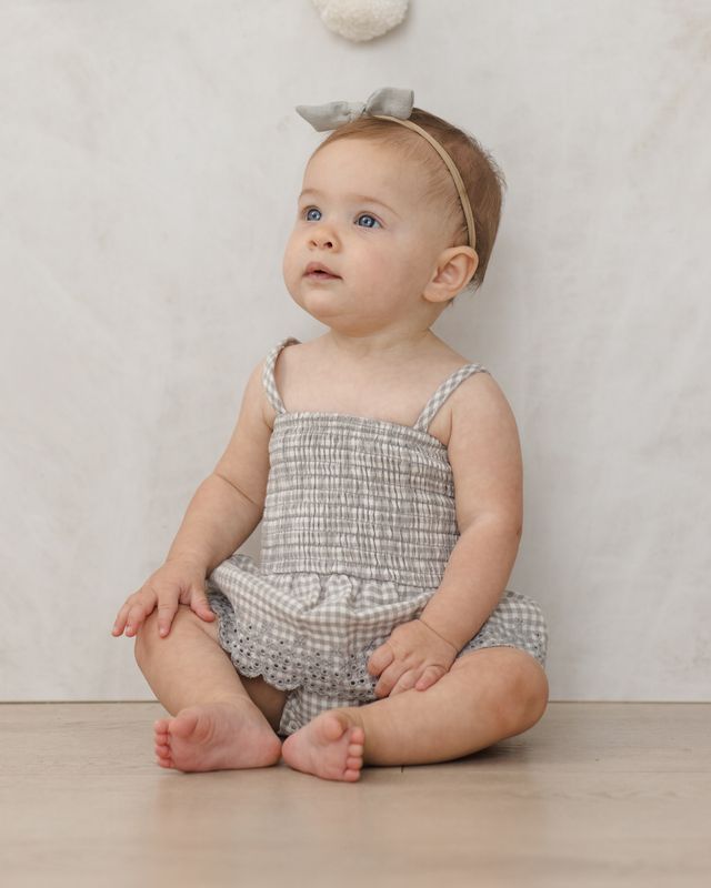Sage Gingham Smocked Skirted Romper